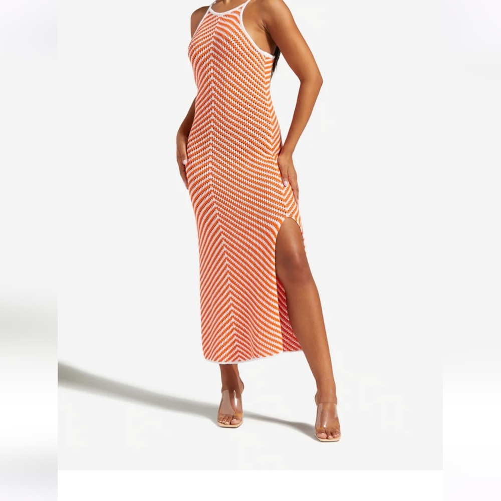 Orange racer spaghetti strap knit dress with double sided slit